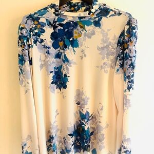 Susan Graver Women's Blue and Cream Floral High Neck Long Sleeve Top Size XL